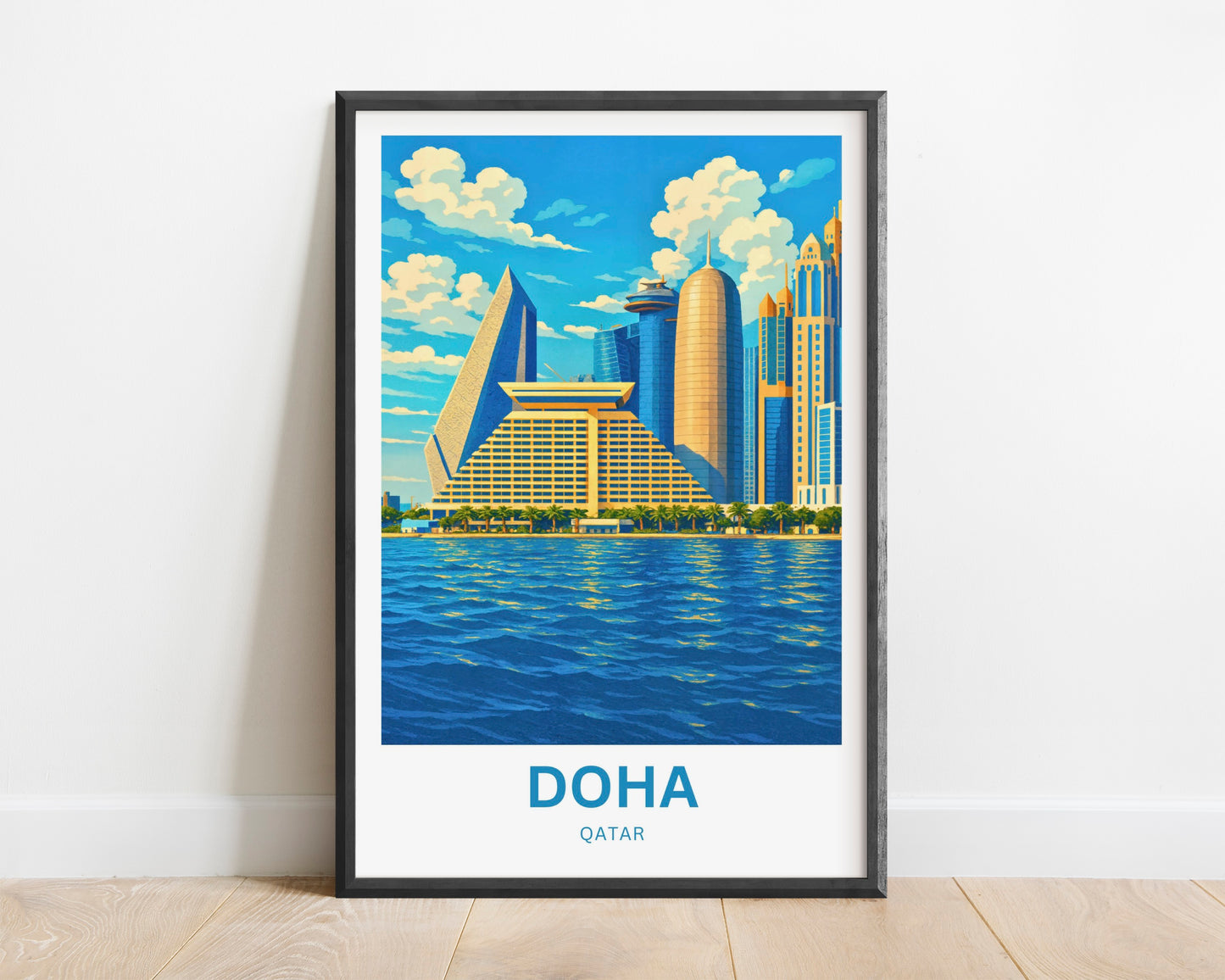Doha Qatar Travel Poster - Iconic Sheraton Grand Doha and Skyscrapers