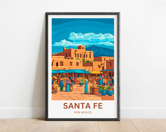 Santa Fe Travel Poster - Bustling Market in New Mexico