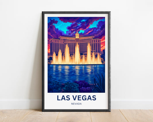 Las Vegas Travel Poster - Captivating Evening View of Bellagio fountains Nevada