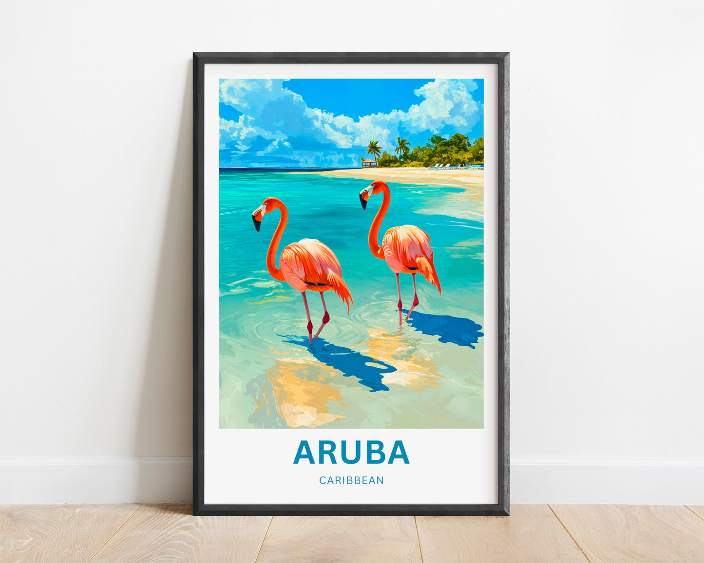 Aruba Travel Poster - Scenic Caribbean Beach View with Iconic Flamingos