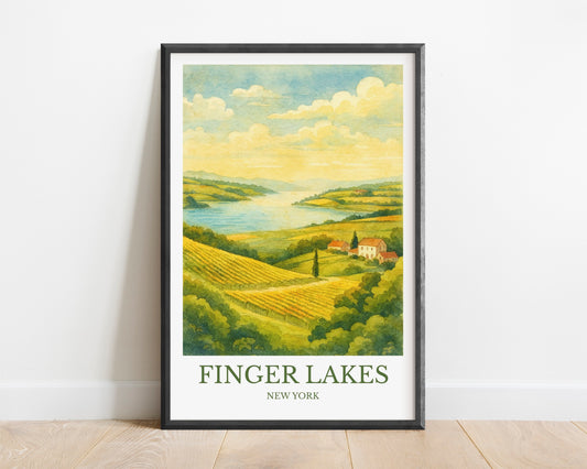 Finger Lakes, Watercolor design poster, New York Print, Finger Lakes Wall Art