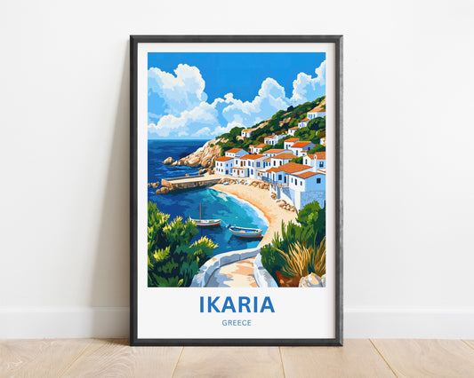 Ikaria Beach Travel Poster  - Whitewashed houses Coastal Life