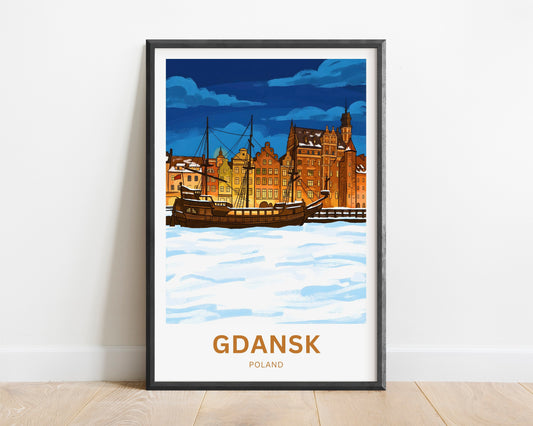 Gdańsk  Travel Poster - Twilight Over The Frozen Old Port