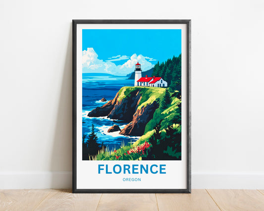 Florence Oregon Travel Poster - Captivating View of Heceta Head Lighthouse