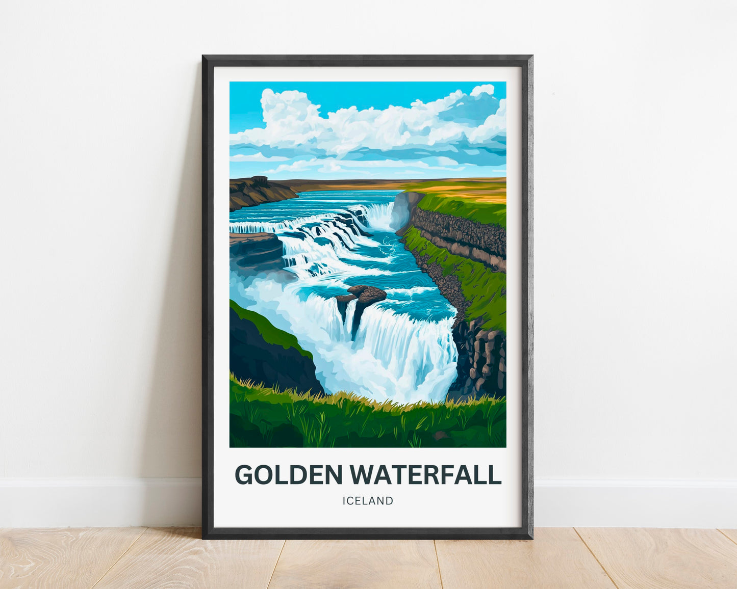 Golden Waterfall Travel Poster - Stunning View of Gullfoss Iceland