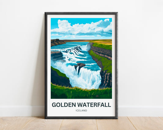 Golden Waterfall Travel Poster - Stunning View of Gullfoss Iceland