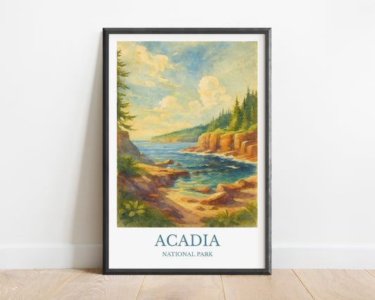 Acadia, Watercolor design poster, National Park Print, Acadia Wall Art