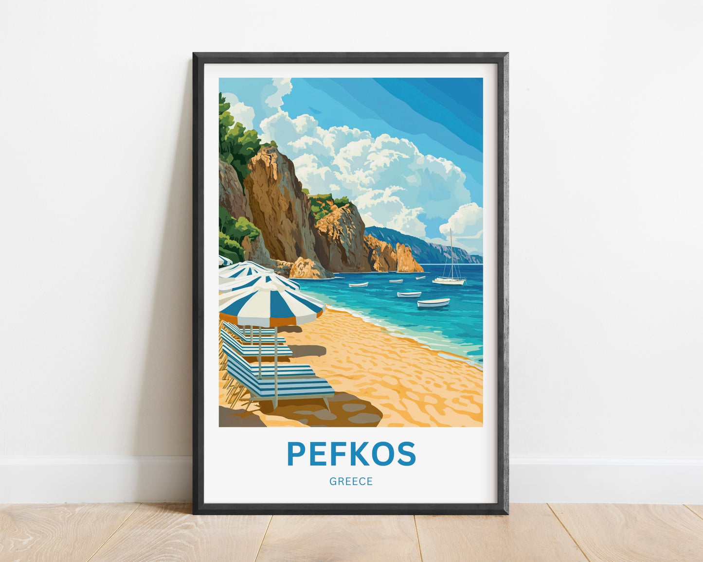Pefkos Travel Poster - Beautiful Beach and Golden Sand