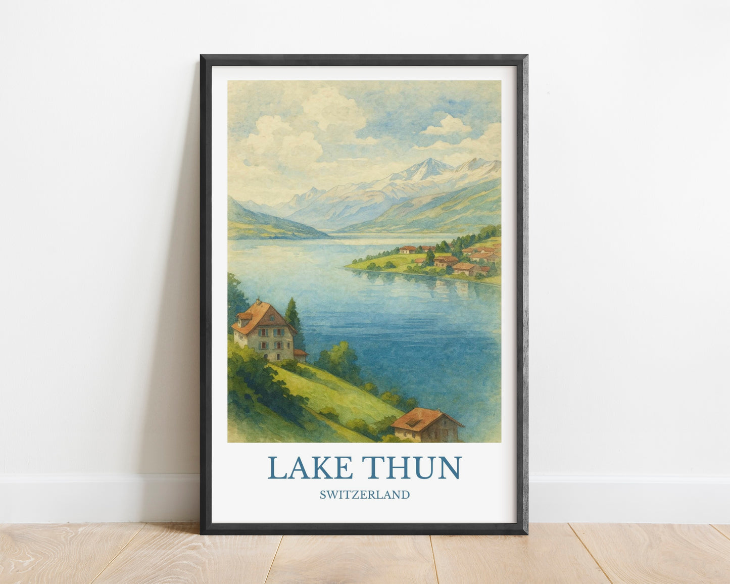 Lake Thun, Watercolor design poster, Switzerland Print, Lake Thun Wall Art