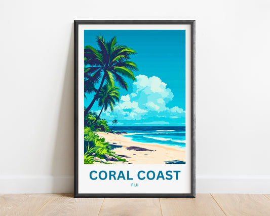 Coral Coast, Fiji Travel Poster - Coconut Palms Scenery