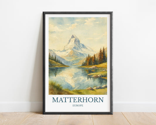 Matterhorn, Watercolor design poster, Europe Print, Matterhorn Wall Art