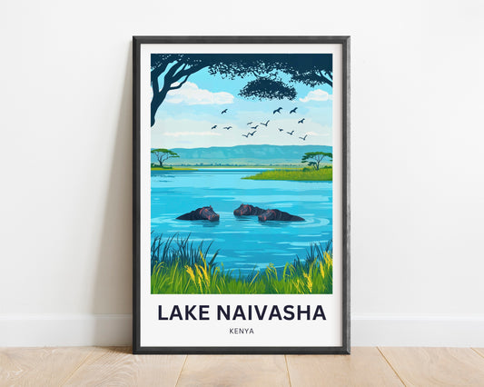 Lake Naivasha Travel Poster - Captivating Lake and Hippos