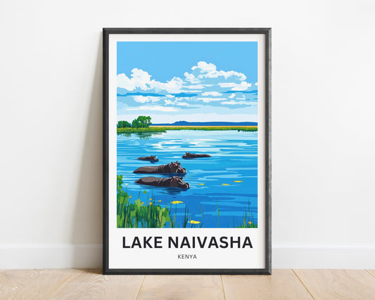 Lake Naivasha Travel Poster - Serene Lake and Hippos
