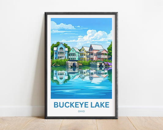 Buckeye Lake Travel Poster -  Colorful House in the Lake