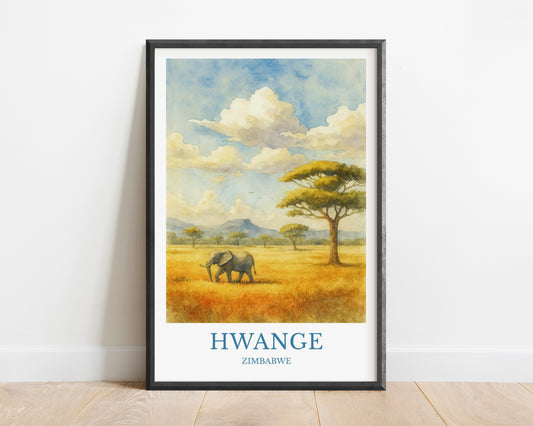 Hwange, Watercolor design poster, Zimbabwe Print, Hwange Wall Art