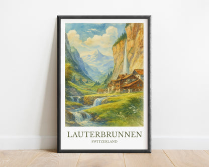 Lauterbrunnen, Watercolor design poster, Switzerland Print, Lauterbrunnen Wall Art