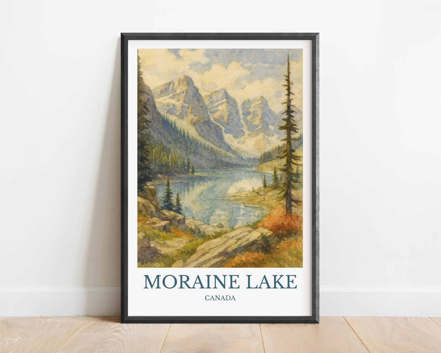 Moraine Lake, Watercolor design poster, Canada Print, Moraine Lake Wall Art