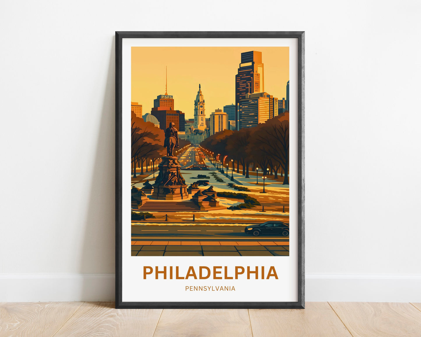 Philadelphia Travel Poster - Sunset View City in Pennsylvania from Rocky Step