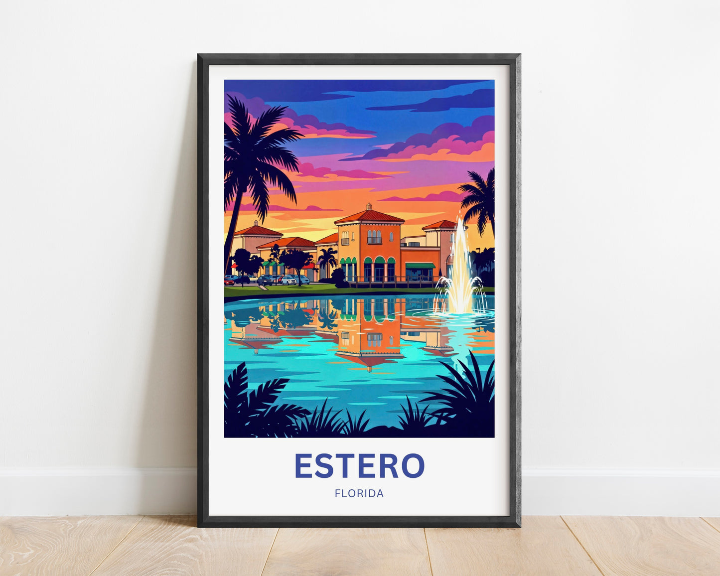 Estero Travel Poster - Palm Silhouette Evening