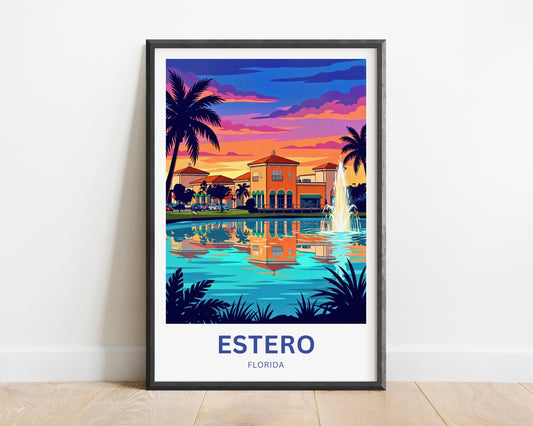 Estero Travel Poster - Palm Silhouette Evening