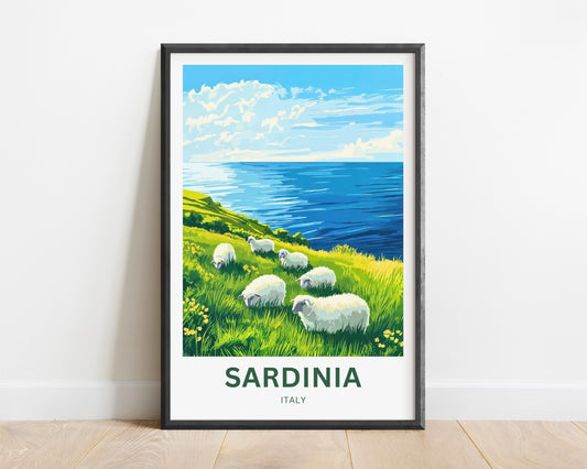 Sardinia Travel Poster - Sardinian Hill and sheeps