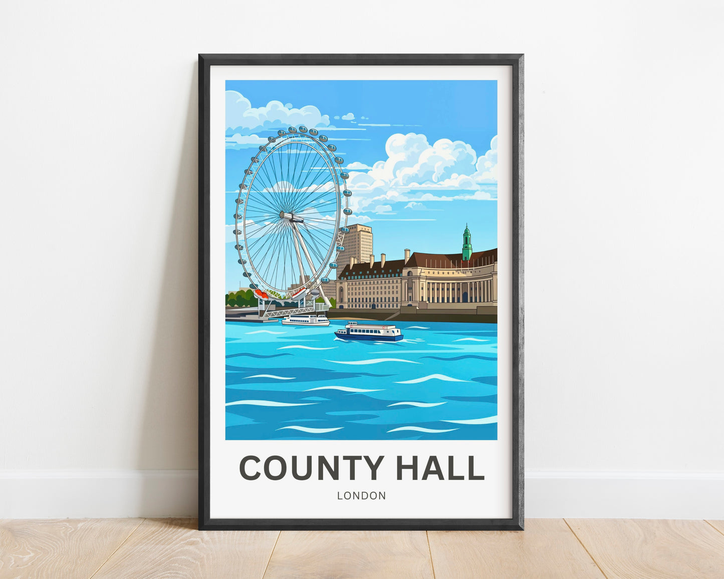 County Hall and London Eye Travel Poster- City by the Thames