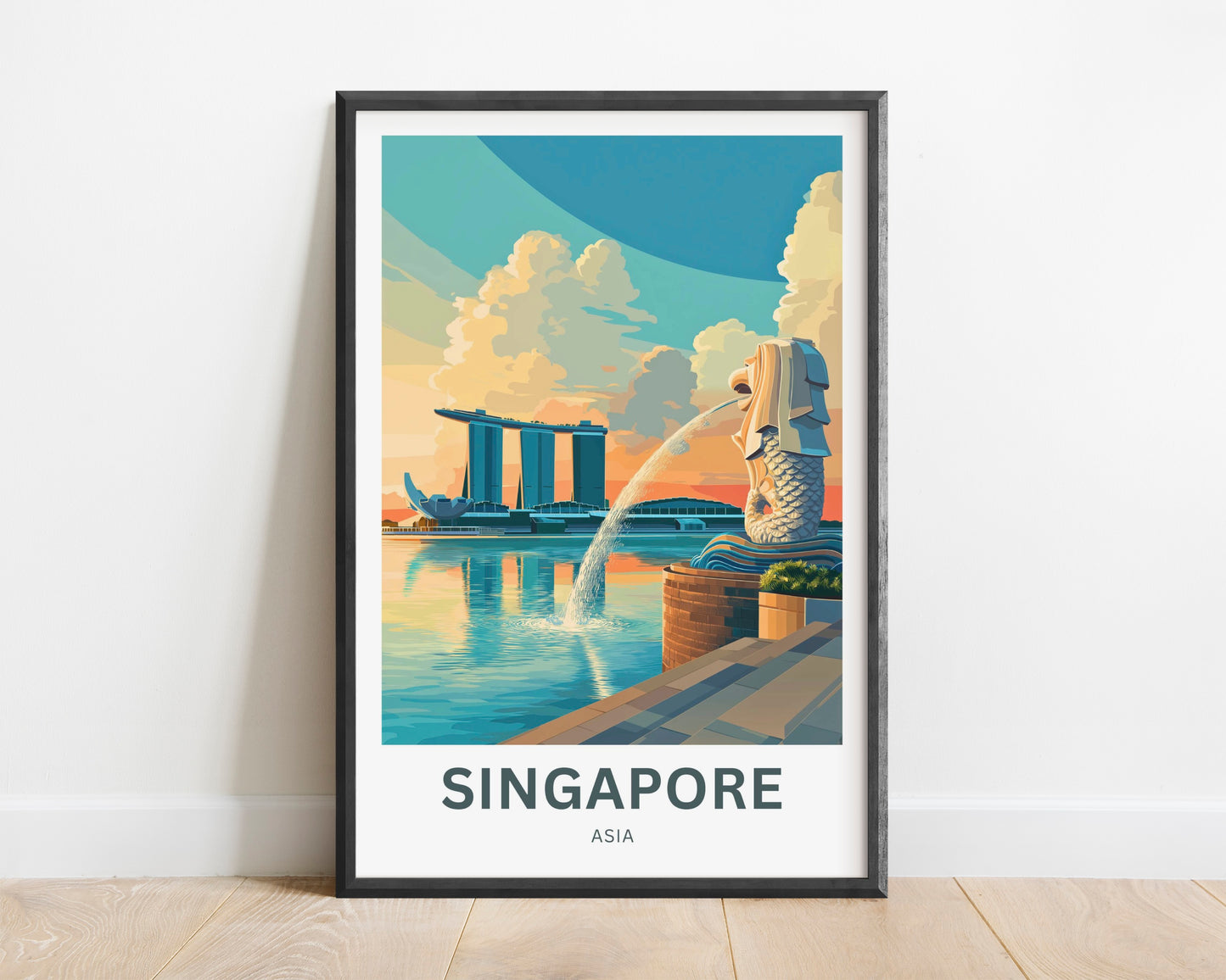 Singapore Travel Poster - Captivating View of Merlion and Sunset