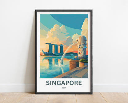 Singapore Travel Poster - Captivating View of Merlion and Sunset