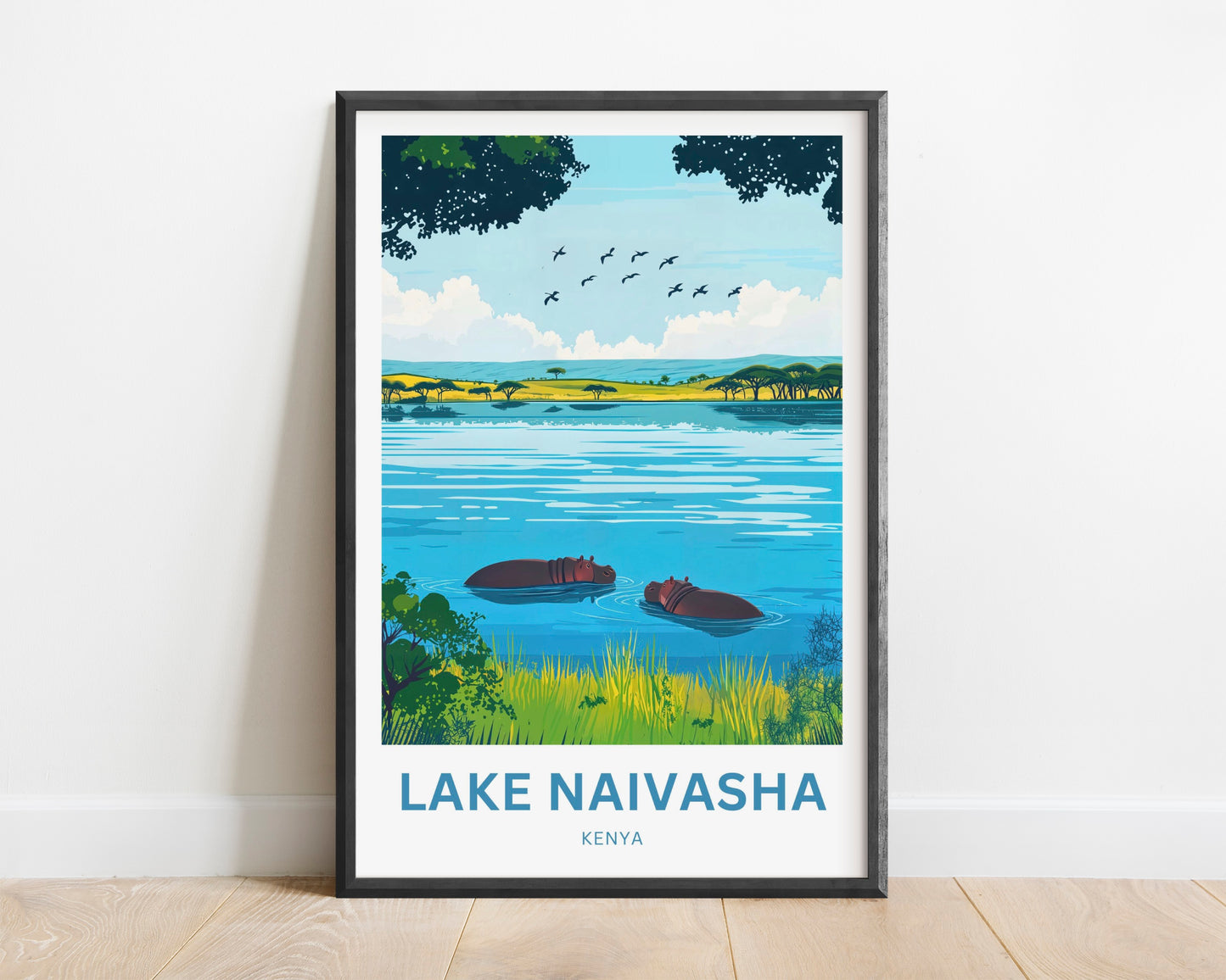 Lake Naivasha Travel Poster - Kenya Charming Lake with Birds and Hippos