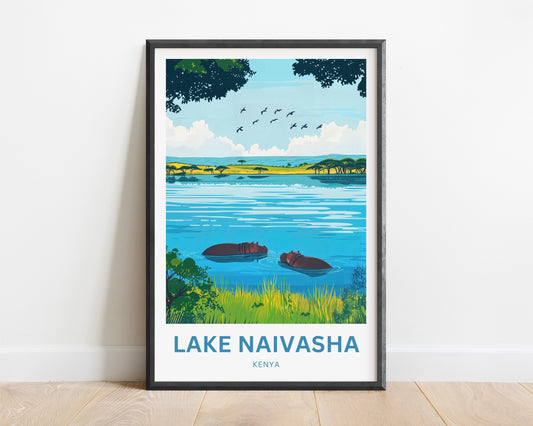 Lake Naivasha Travel Poster - Kenya Charming Lake with Birds and Hippos