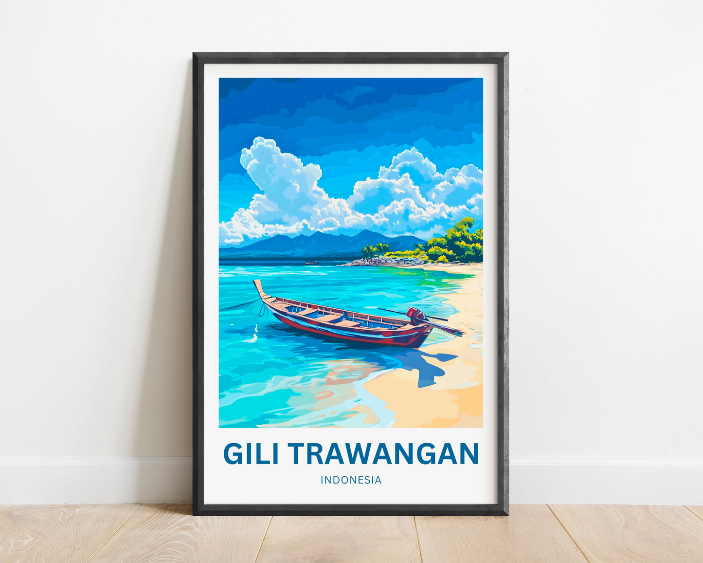 Gili Trawangan Travel Poster- Indonesia  White Sands Shore and  Blue Horizons