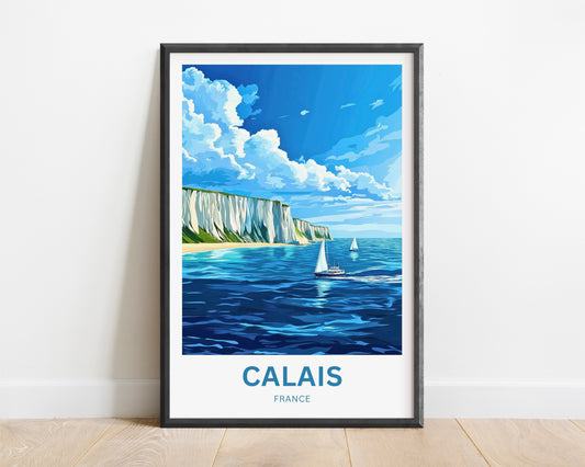 Calais Travel Poster - Captivating White Cliffs and boats