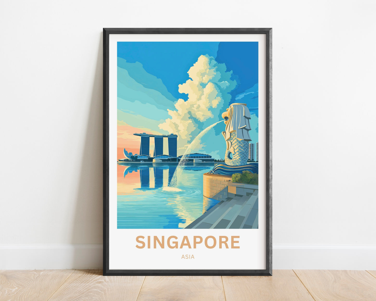 Singapore Travel Poster - Skyline & The Guardian of the Bay