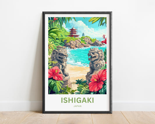Ishigaki Travel Poster - Twin Shisa by the Sea