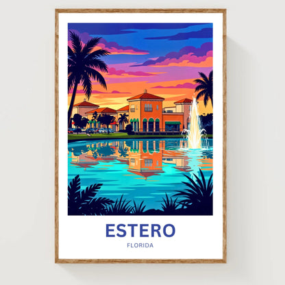 Estero Travel Poster - Palm Silhouette Evening
