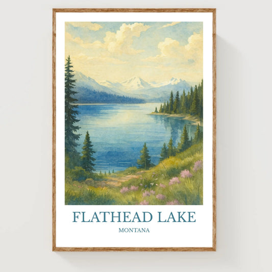 Flathead Lake, Watercolor design poster, Montana Print, Flathead Lake Wall Art