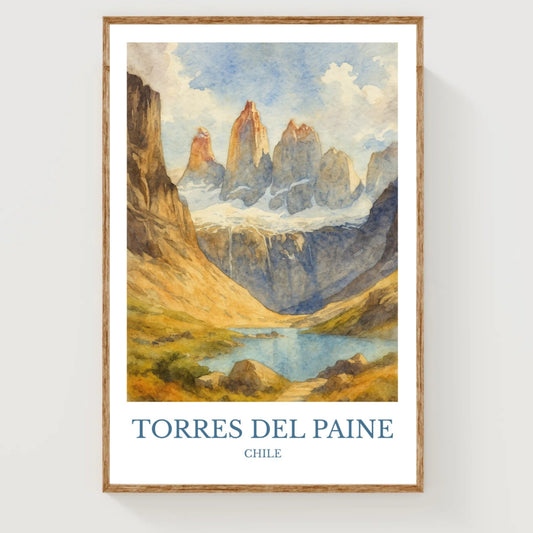 Torres del Paine, Watercolor design poster, Chile Print, Torres del Paine Wall Art