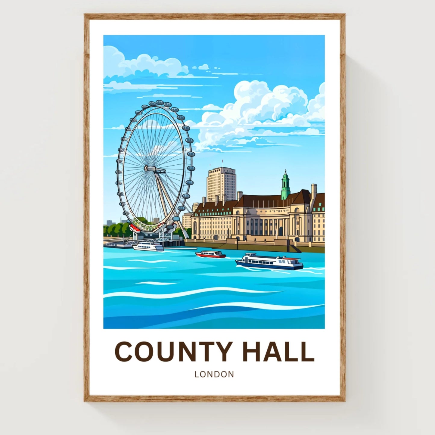 County Hall and the iconic London Eye Travel Poster