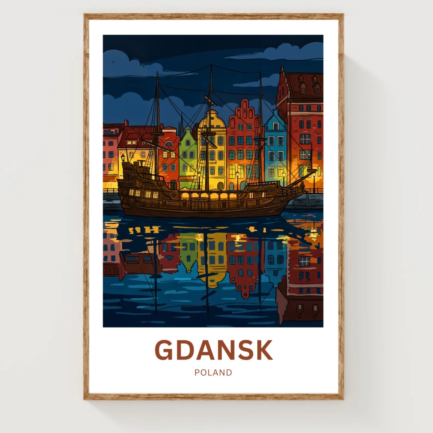 Gdańsk  Travel Poster - Harbor lights at midnight