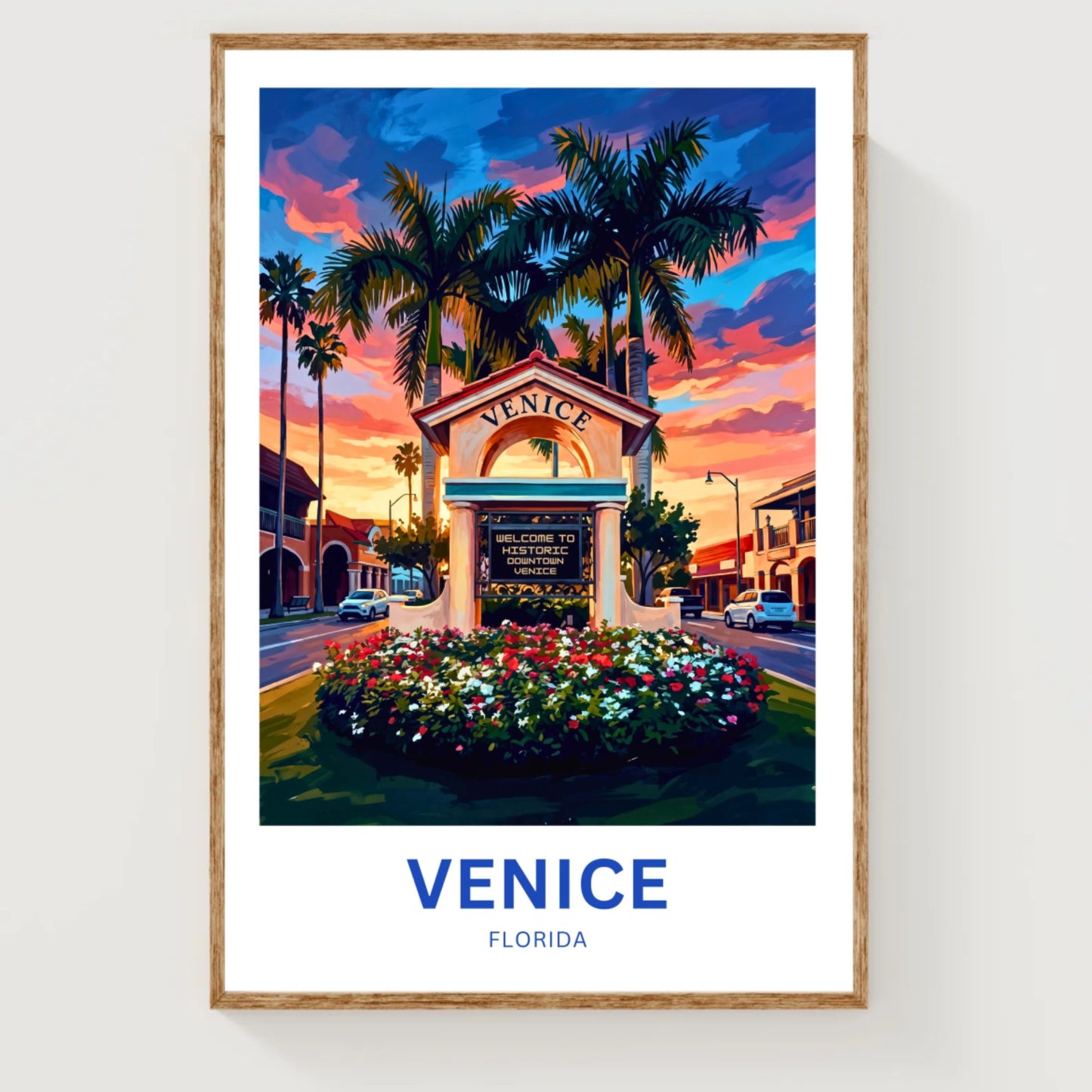 Venice, Florida Travel Poster - Evening Downtown Landmark