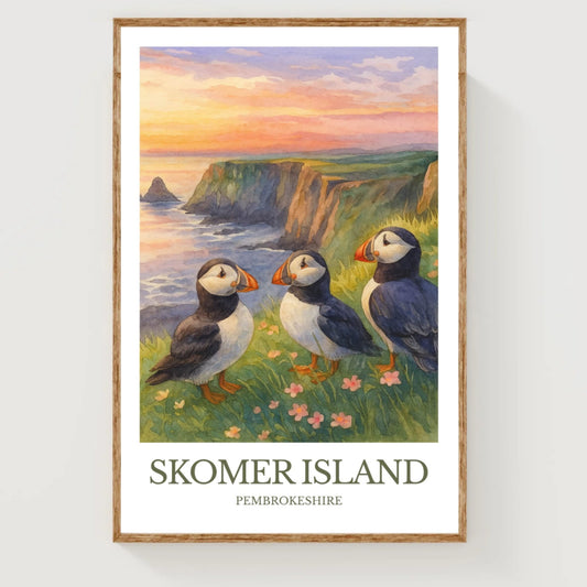 Skomer Island, Watercolor design poster, Pembrokeshire Print, Skomer Island Wall Art
