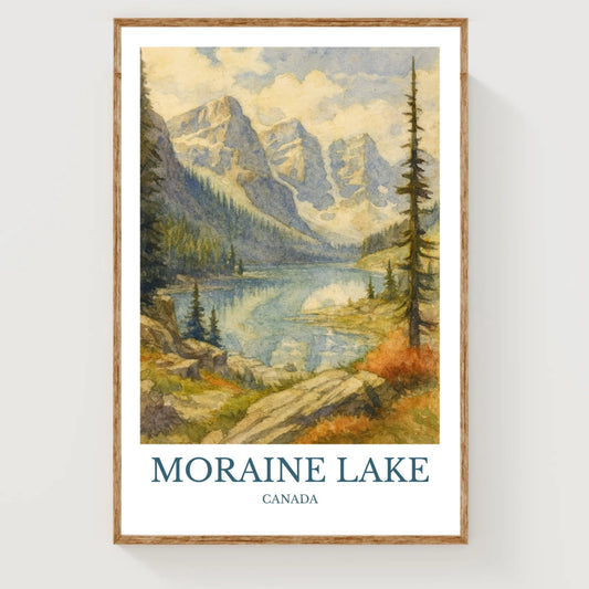Moraine Lake, Watercolor design poster, Canada Print, Moraine Lake Wall Art