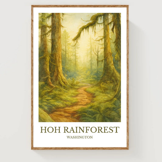 Hoh Rainforest, Watercolor design poster, Washington Print, Hoh Rainforest Wall Art