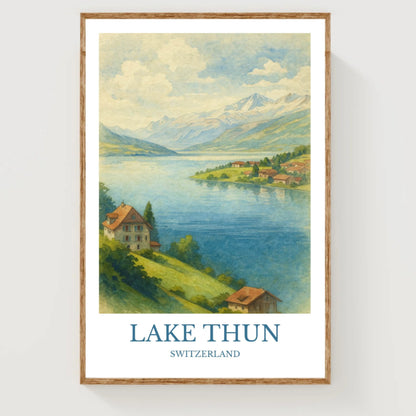 Lake Thun, Watercolor design poster, Switzerland Print, Lake Thun Wall Art
