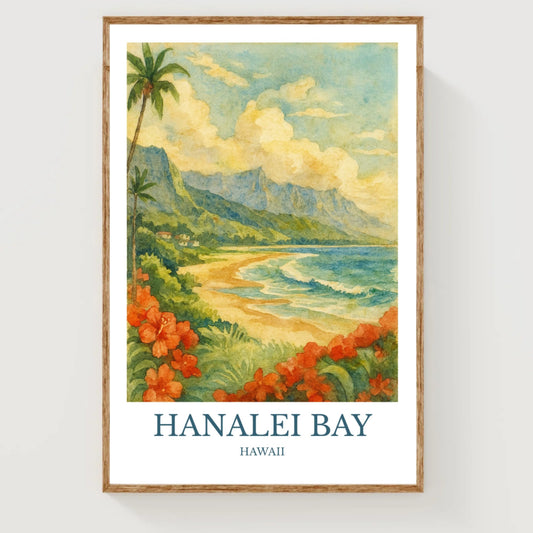 Hanalei Bay, Watercolor design poster, Hawaii Print, Hanalei Bay Wall Art