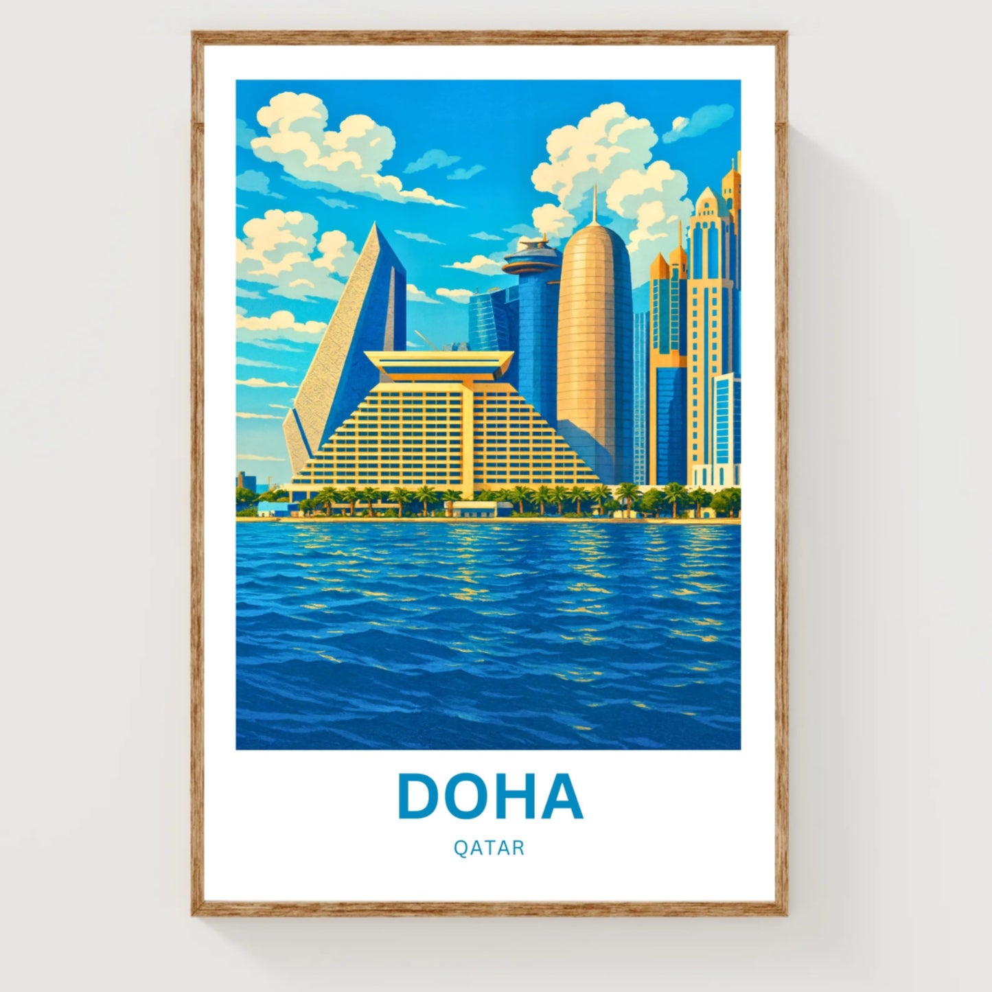 Doha Qatar Travel Poster - Iconic Sheraton Grand Doha and Skyscrapers