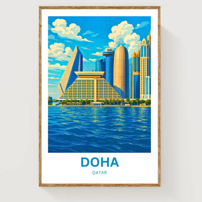 Doha Qatar Travel Poster - Iconic Sheraton Grand Doha and Skyscrapers